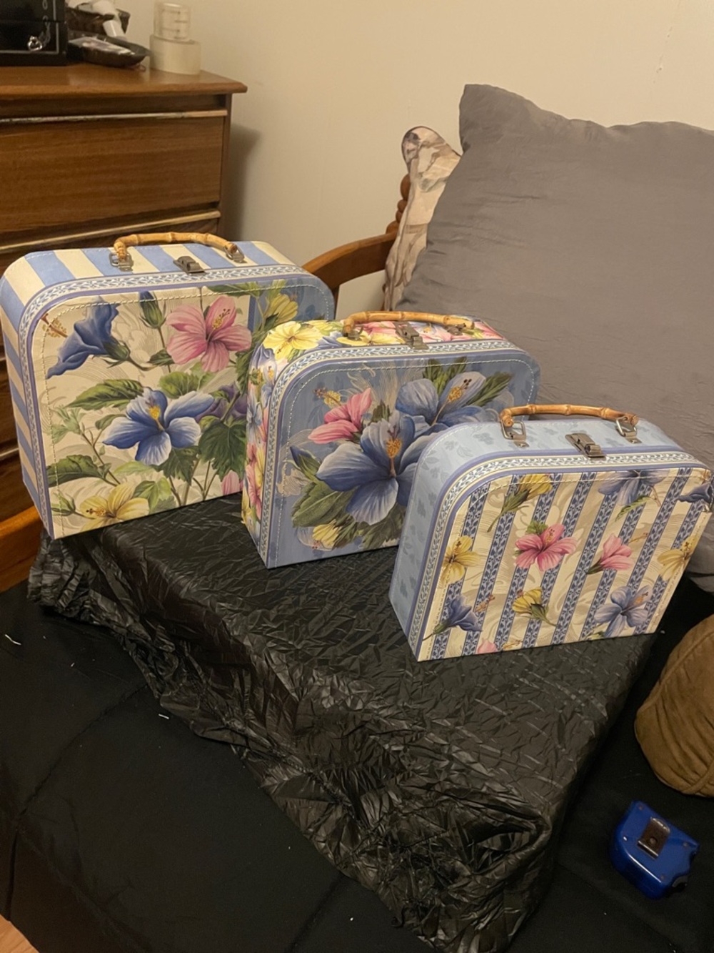 Floral & Stripe Blue Stacked Train Case Set, nesting storage boxes